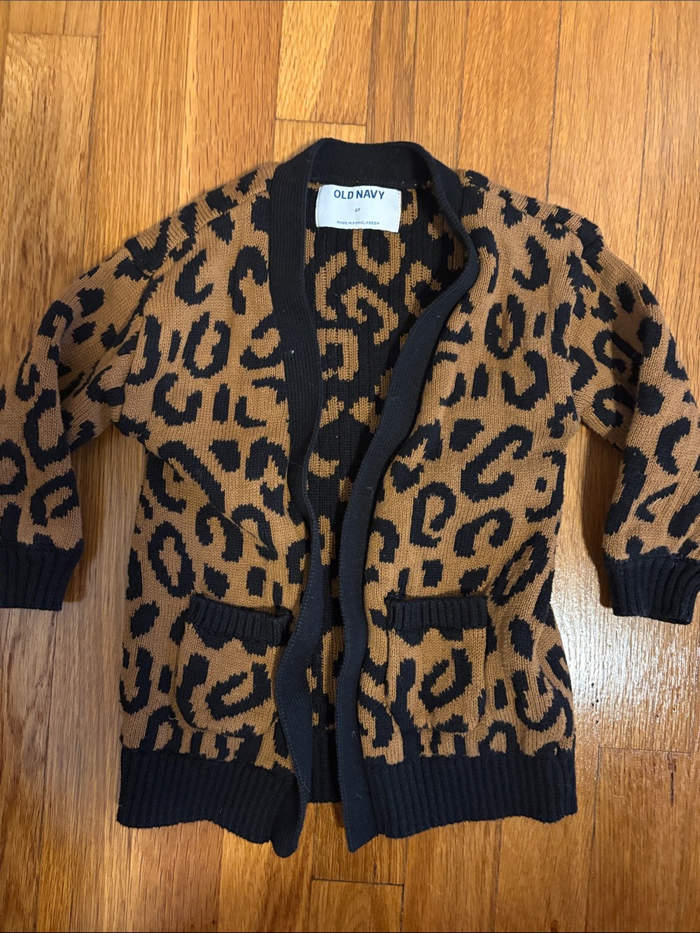 Old Navy Leopard Print Open-Front Cardigan in Brown and Black, size 2T